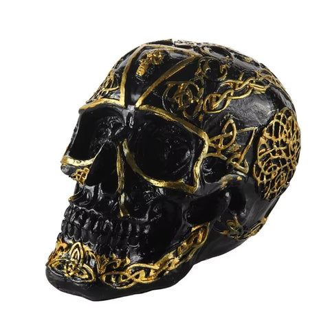 Mexikanische Totenkopf-Statue schwarz und gold 12 cm