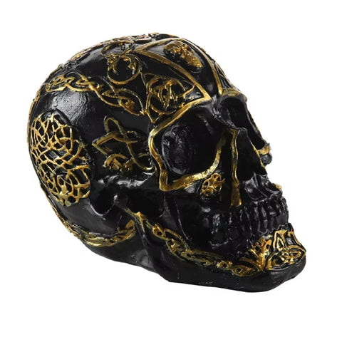 Mexikanische Totenkopf-Statue schwarz und gold 12 cm